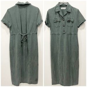 Action Wear USA Military Green Midi Dress Side Slit Small Button Front